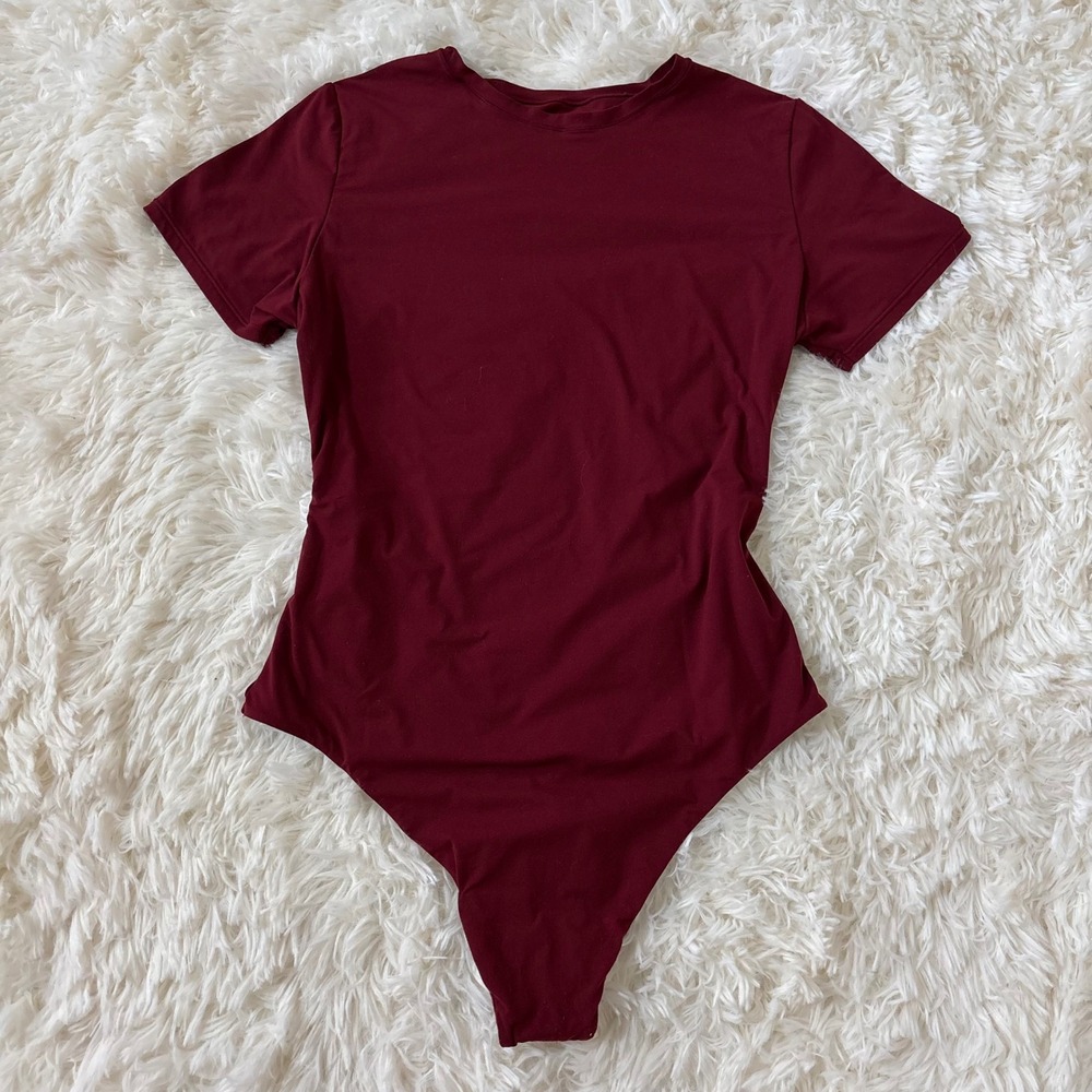 Auden Luxury Collection Burgundy Short Sleeve Snap Closure Bodysuit Thong Back